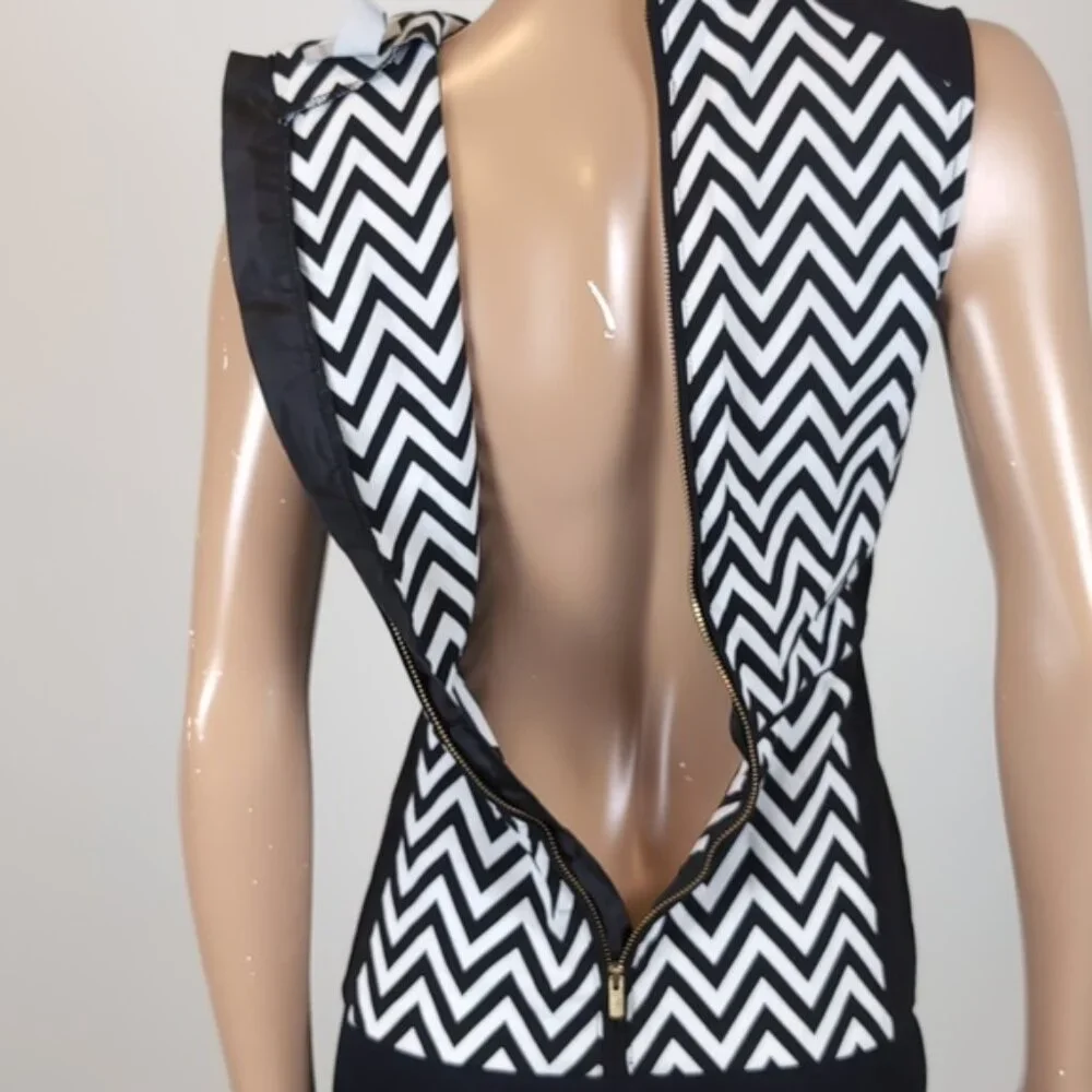 H&M Chevron Print Sleeveless Peplum Top Ponte Fitted Stretch Black White Party - Picture 8 of 11